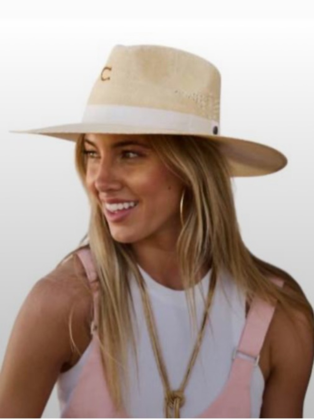 Stetson Wide Brim Straw Fedora Hat in Natural with White Band 23 cm